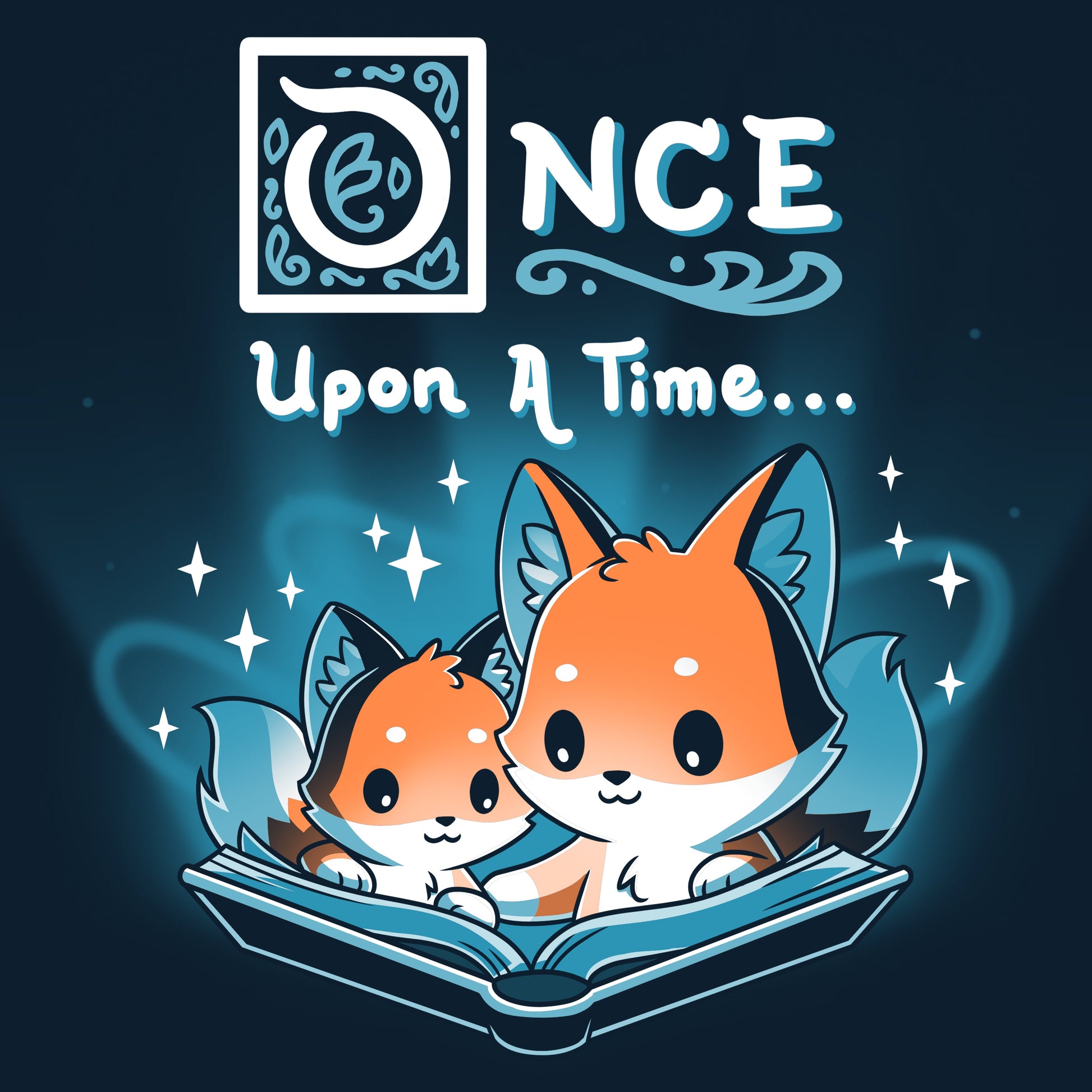 Premium Cotton T-shirt_TeeTurtle Once Upon a Time (Foxes) navy blue t-shirt featuring two cartoon foxes reading a magical open book with the words "Once Upon a Time" above them.