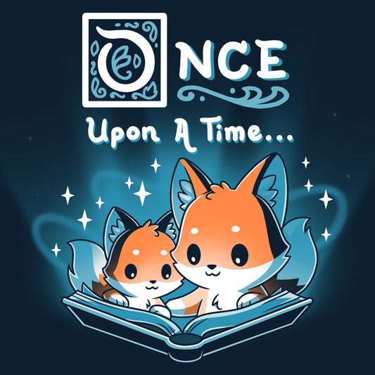 Premium Cotton T-shirt_TeeTurtle Once Upon a Time (Foxes) navy blue t-shirt featuring two cartoon foxes reading a magical open book with the words 