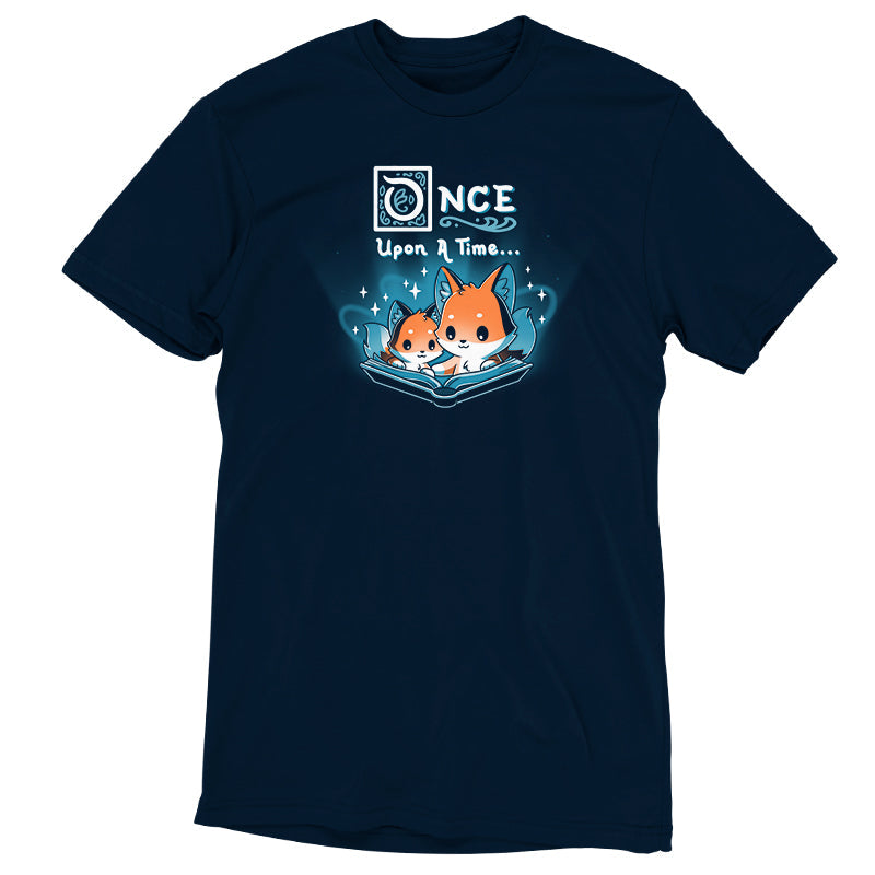 Premium Cotton T-shirt_TeeTurtle Once Upon a Time (Foxes) navy blue t-shirt featuring two cartoon foxes reading a magical open book with the words "Once Upon a Time" above them.