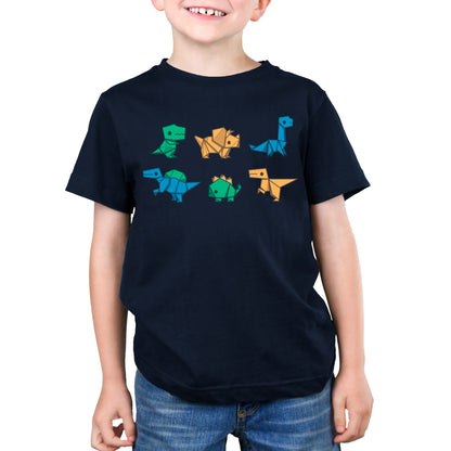 Premium Cotton T-shirt_TeeTurtle Origami Dinos navy blue t-shirt featuring a collection of origami dinosaurs in different colors.