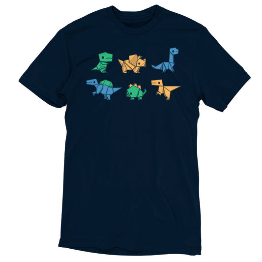 Premium Cotton T-shirt_TeeTurtle Origami Dinos navy blue t-shirt featuring a collection of origami dinosaurs in different colors.