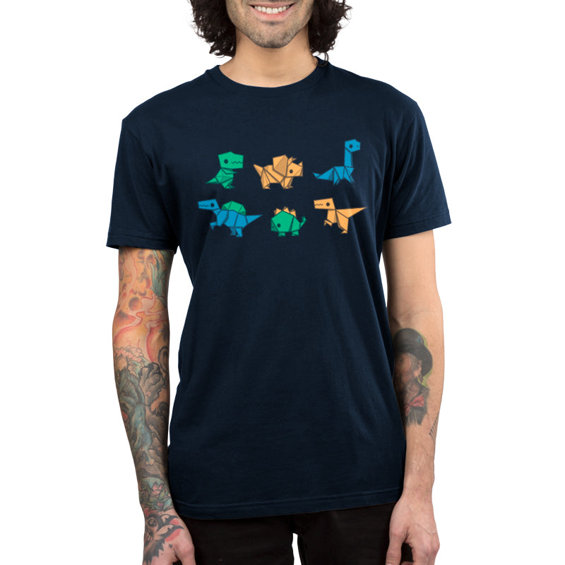 Premium Cotton T-shirt_TeeTurtle Origami Dinos navy blue t-shirt featuring a collection of origami dinosaurs in different colors.