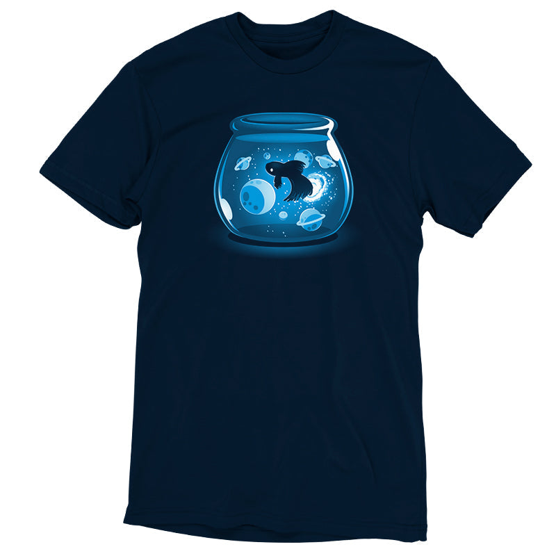 Premium Cotton T-shirt_TeeTurtle Space Betta navy blue t-shirt featuring a glowing fish swimming among planets and stars inside a fishbowl.