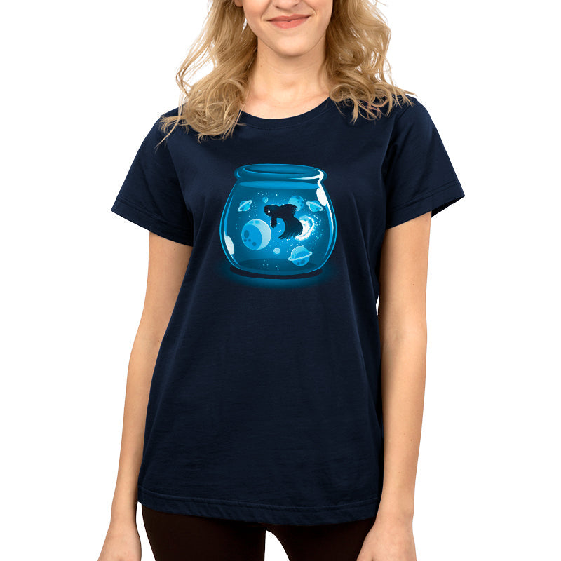 Premium Cotton T-shirt_TeeTurtle Space Betta navy blue t-shirt featuring a glowing fish swimming among planets and stars inside a fishbowl.