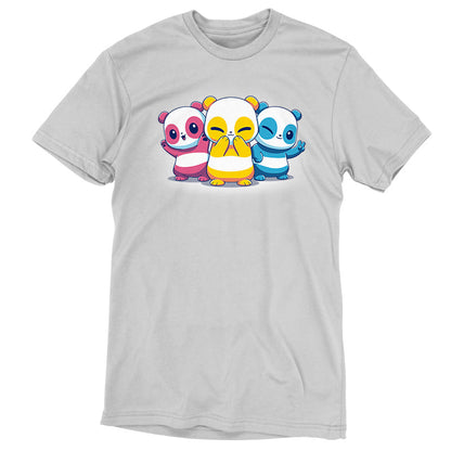 Premium Cotton T-shirt_TeeTurtle Pan Pride Pandas Silver Gray t-shirt featuring three cartoon pandas in pan pride flag colors.
