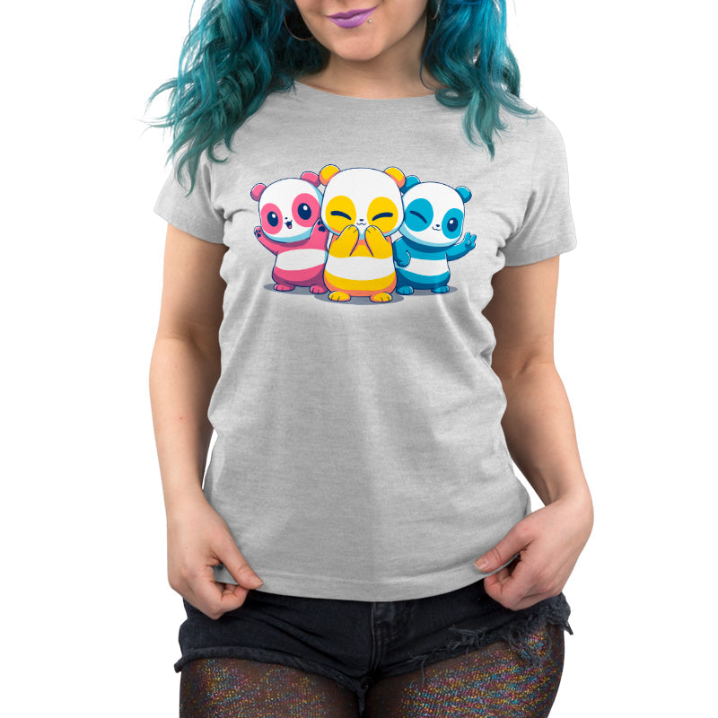 Premium Cotton T-shirt_TeeTurtle Pan Pride Pandas Silver Gray t-shirt featuring three cartoon pandas in pan pride flag colors.
