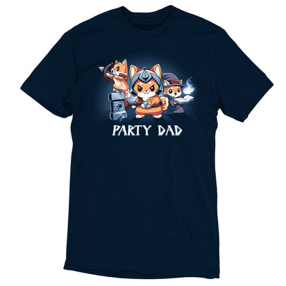 Premium Cotton T-shirt_TeeTurtle Party Dad navy blue t-shirt featuring a party of three foxes dressed as a warrior, an archer, and wizard with a pun below it.