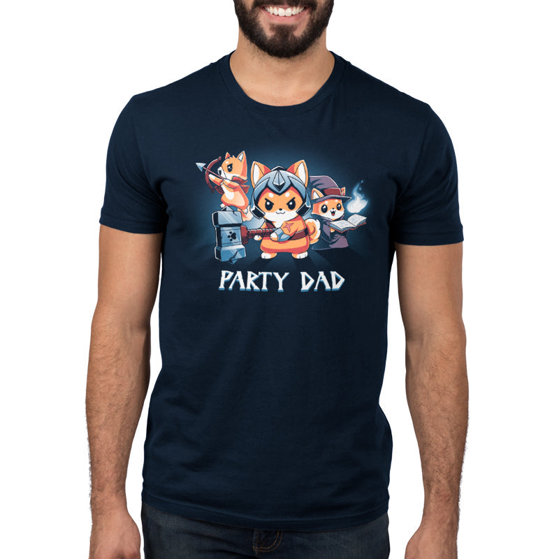 Premium Cotton T-shirt_TeeTurtle Party Dad navy blue t-shirt featuring a party of three foxes dressed as a warrior, an archer, and wizard with a pun below it.