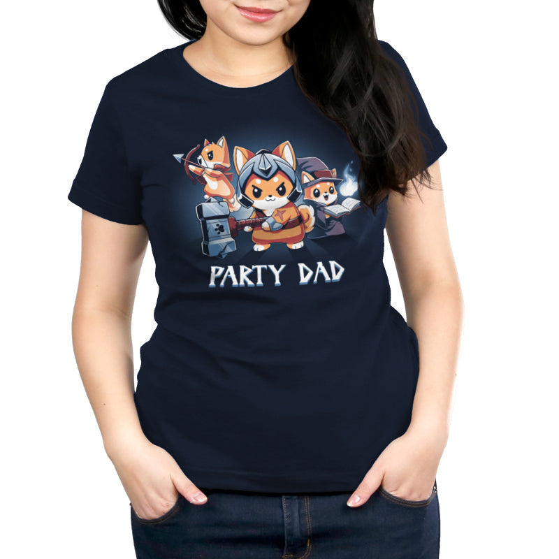 Premium Cotton T-shirt_TeeTurtle Party Dad navy blue t-shirt featuring a party of three foxes dressed as a warrior, an archer, and wizard with a pun below it.