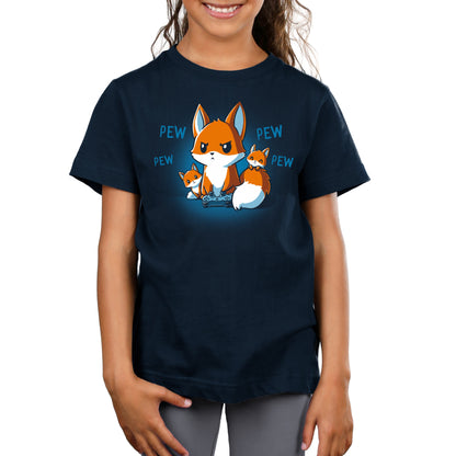 Premium Cotton T-shirt_TeeTurtle navy blue Pew Pew Parent. Featuring a parent fox playing a video game with a controller and its kits climbing over it.