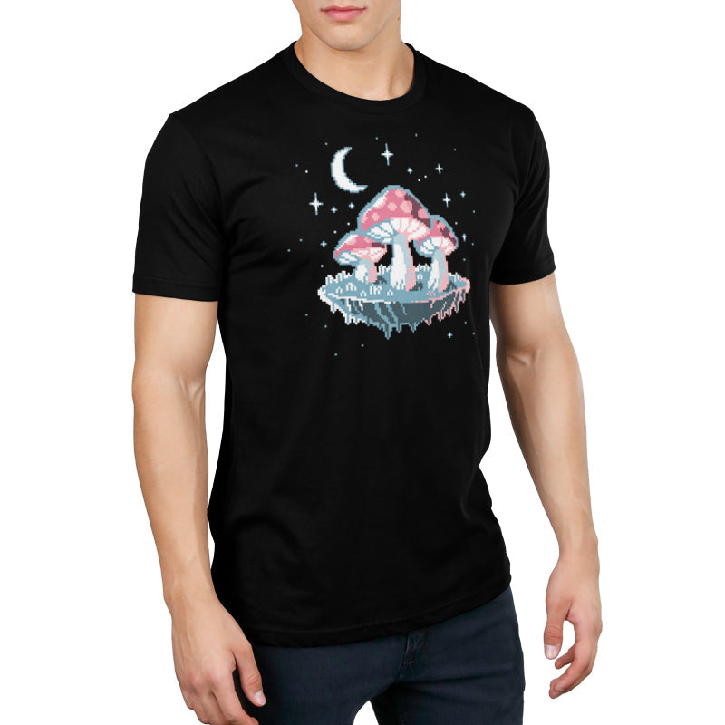 Premium Cotton T-shirt_TeeTurtle Pixel Mushrooms black t-shirt featuring a pixelated video game mushrooms with stars and the moon in the background.