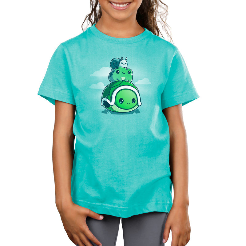 Premium Cotton T-shirt_TeeTurtle Pond Pals caribbean blue t-shirt featuring a turtle with a frog sitting on its shell and a snail on top of the frog.