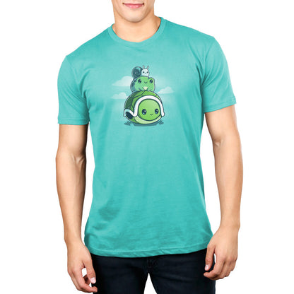 Premium Cotton T-shirt_TeeTurtle Pond Pals caribbean blue t-shirt featuring a turtle with a frog sitting on its shell and a snail on top of the frog.