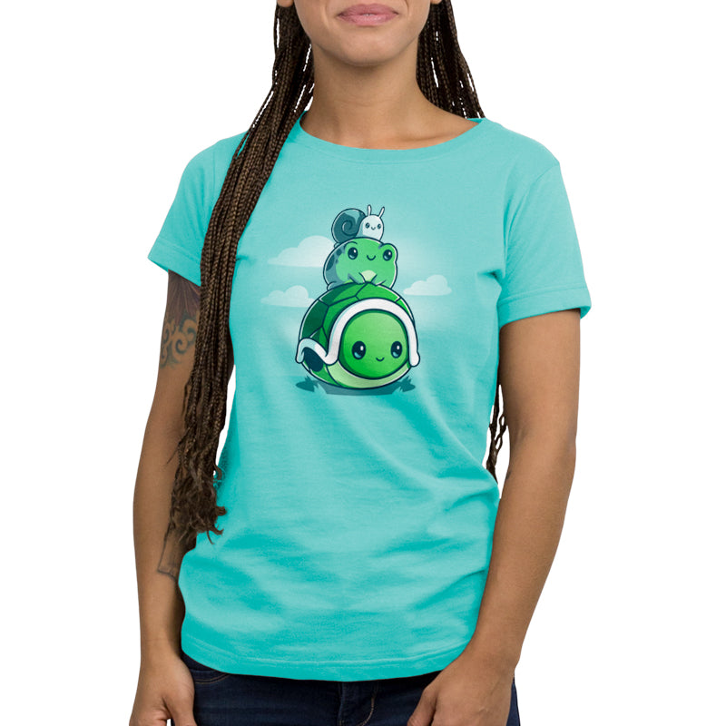 Premium Cotton T-shirt_TeeTurtle Pond Pals caribbean blue t-shirt featuring a turtle with a frog sitting on its shell and a snail on top of the frog.