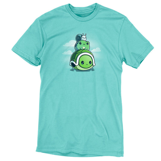 Premium Cotton T-shirt_TeeTurtle Pond Pals caribbean blue t-shirt featuring a turtle with a frog sitting on its shell and a snail on top of the frog.