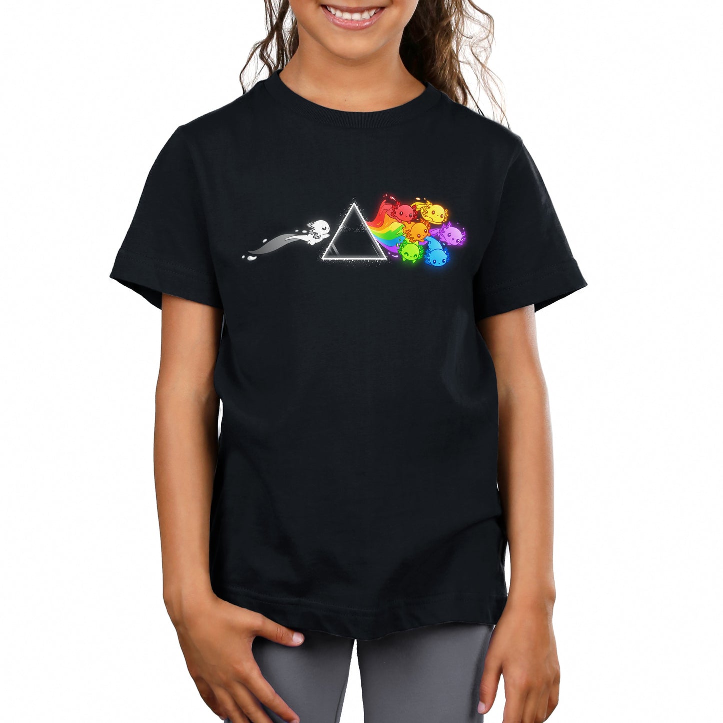 Premium Cotton T-shirt_TeeTurtle Prism Axo black t-shirt featuring a black and white axolotl swimming toward a prism and a pride rainbow of axolotls swimming away from the prism. 