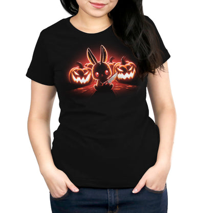 Premium Cotton T-shirt_TeeTurtle Pumpkin Murderer black t-shirt featuring a cute bunny holding a knife sitting in front of carved jack-o'-lanterns, illuminated by a glowing red light.