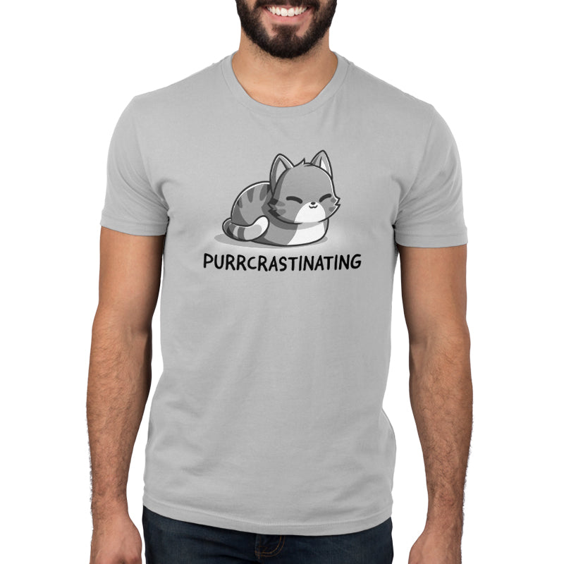 Premium Cotton T-shirt_TeeTurtle Purrcrastinating Silver Gray t-shirt featuring a grayscale illustration of a cat with closed eyes.