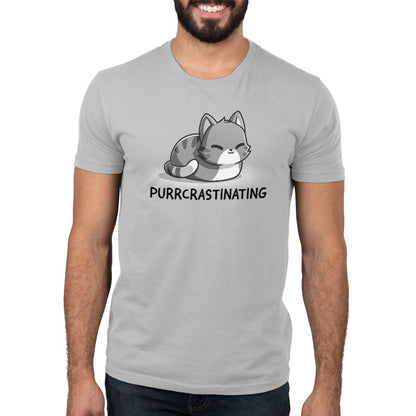 Premium Cotton T-shirt_TeeTurtle Purrcrastinating Silver Gray t-shirt featuring a grayscale illustration of a cat with closed eyes.