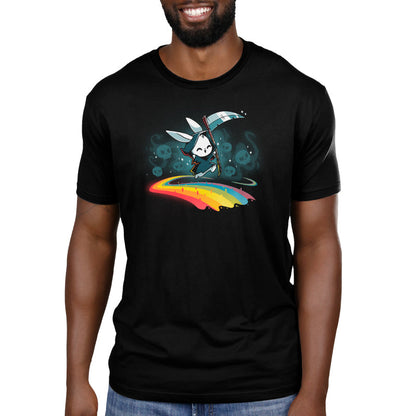 Premium Cotton T-shirt_TeeTurtle Rainbow Reaper black t-shirt featuring a grim reaper bunny smiling and hopping along a rainbow pathway with skulls and sparkles behind them