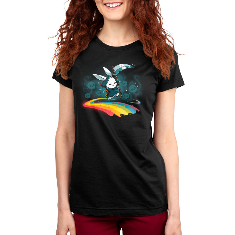 Premium Cotton T-shirt_TeeTurtle Rainbow Reaper black t-shirt featuring a grim reaper bunny smiling and hopping along a rainbow pathway with skulls and sparkles behind them