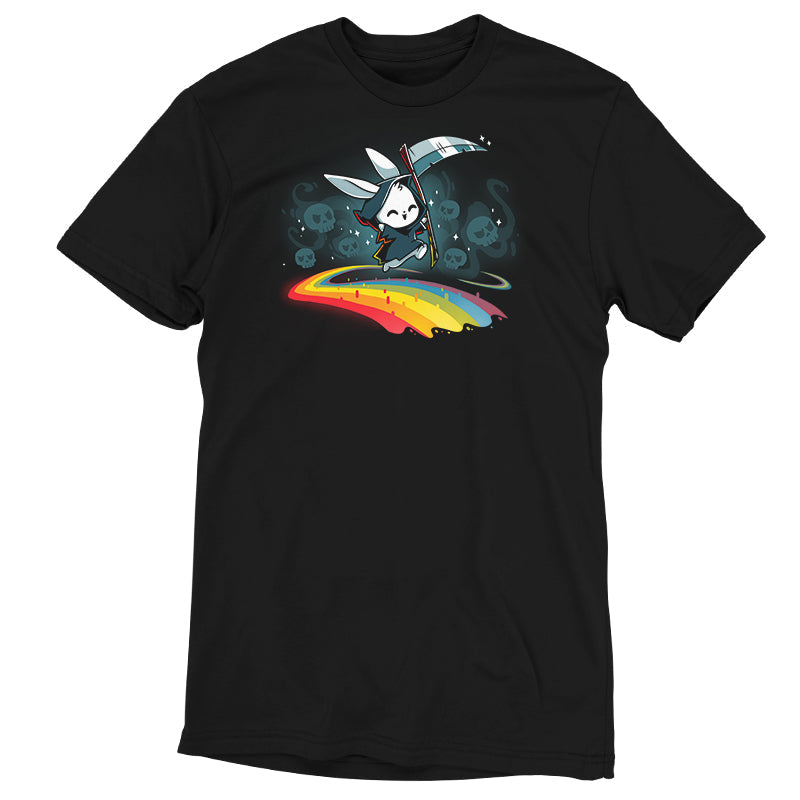 Premium Cotton T-shirt_TeeTurtle Rainbow Reaper black t-shirt featuring a grim reaper bunny smiling and hopping along a rainbow pathway with skulls and sparkles behind them