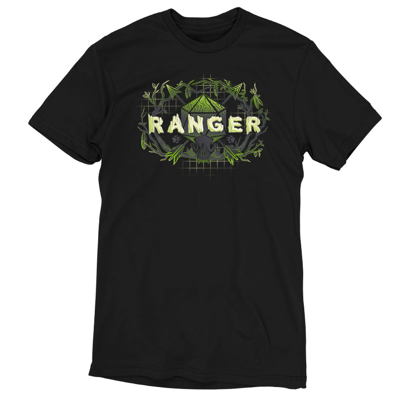 Premium Cotton T-shirt_TeeTurtle Ranger Class black t-shirt featuring an artistic "Ranger" word in front of a D20 dice with arrows going through and trees around it.