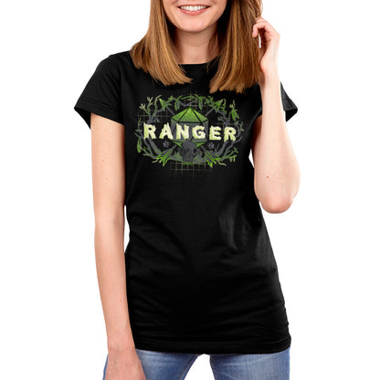 Premium Cotton T-shirt_TeeTurtle Ranger Class black t-shirt featuring an artistic "Ranger" word in front of a D20 dice with arrows going through and trees around it.