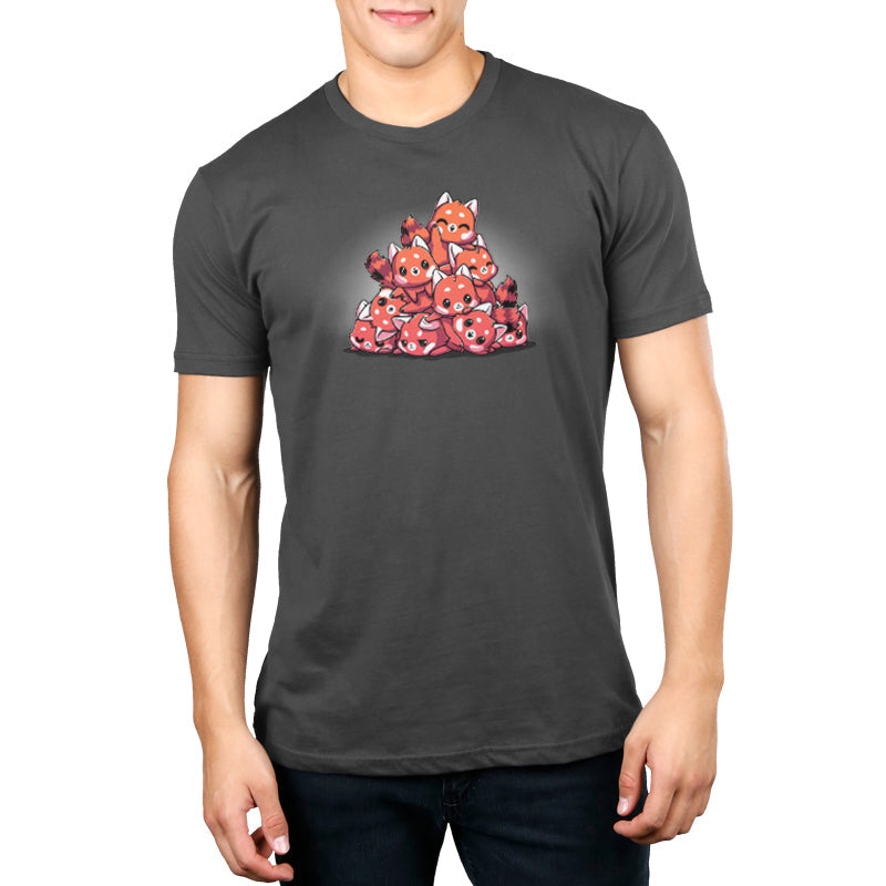 Premium Cotton T-shirt_TeeTurtle Red Panda Pile Charcoal Gray t-shirt featuring a pile of 9 red pandas of looking playful with one on top waving a paw and smiling.  