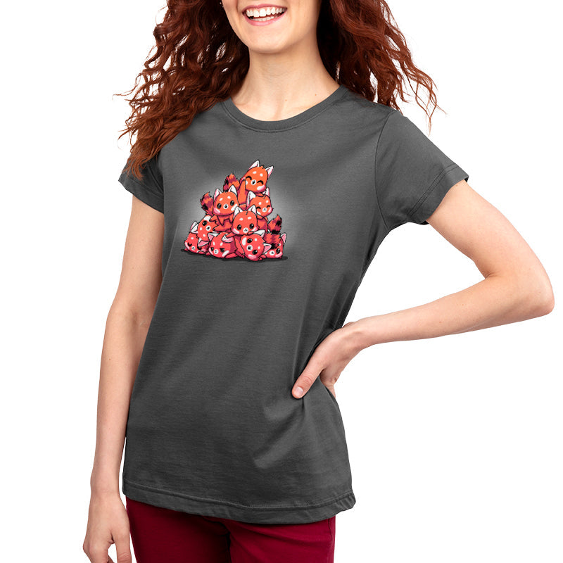 Premium Cotton T-shirt_TeeTurtle Red Panda Pile Charcoal Gray t-shirt featuring a pile of 9 red pandas of looking playful with one on top waving a paw and smiling.  