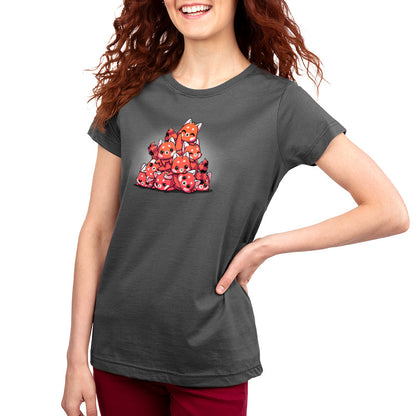 Premium Cotton T-shirt_TeeTurtle Red Panda Pile Charcoal Gray t-shirt featuring a pile of 9 red pandas of looking playful with one on top waving a paw and smiling.  