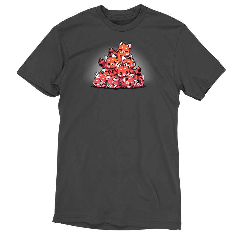 Premium Cotton T-shirt_TeeTurtle Red Panda Pile Charcoal Gray t-shirt featuring a pile of 9 red pandas of looking playful with one on top waving a paw and smiling.  