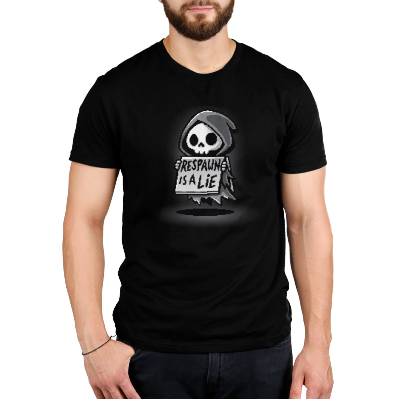 Premium Cotton T-shirt_TeeTurtle Respawn is a Lie black t-shirt featuring video game pixel art of a small grim reaper character holding a sign that reads "Respawn is a Lie" with a spotlight on the character.