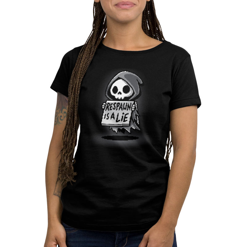 Premium Cotton T-shirt_TeeTurtle Respawn is a Lie black t-shirt featuring video game pixel art of a small grim reaper character holding a sign that reads "Respawn is a Lie" with a spotlight on the character.