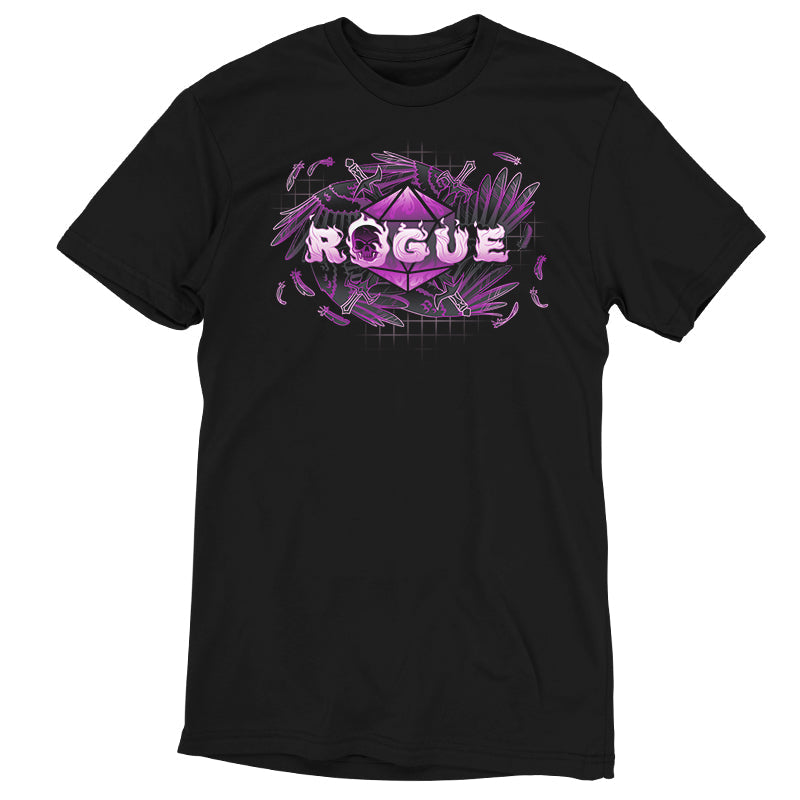 Premium Cotton T-shirt_TeeTurtle Rogue Class black t-shirt featuring an artistic "Rogue" word in front of a D20 with swords going through it surrounded by angel wings.