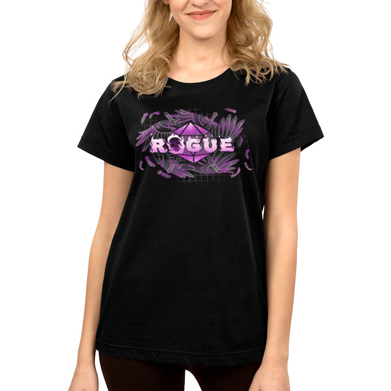 Premium Cotton T-shirt_TeeTurtle Rogue Class black t-shirt featuring an artistic "Rogue" word in front of a D20 with swords going through it surrounded by angel wings.