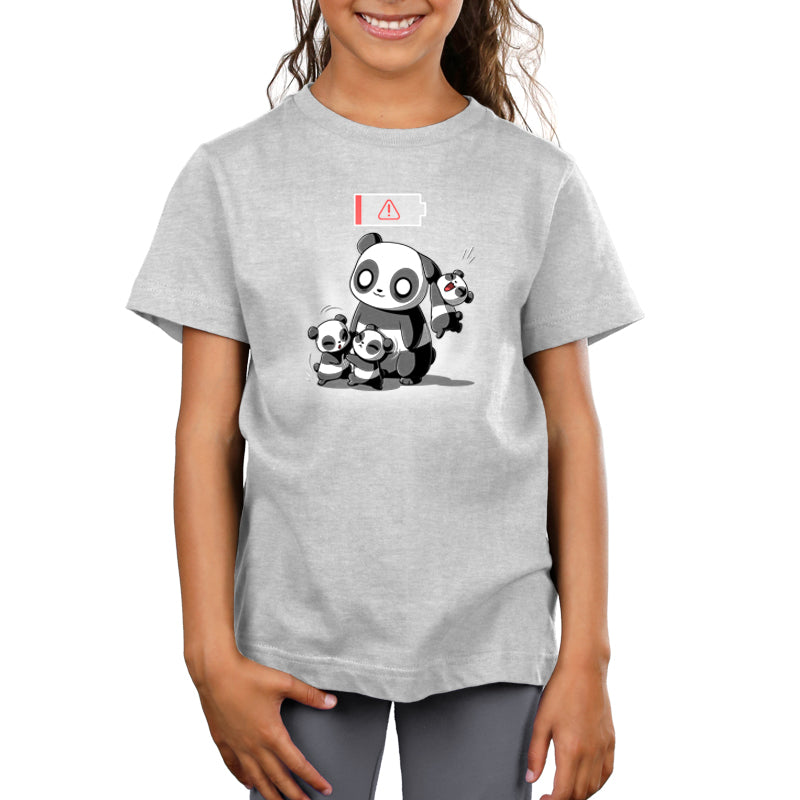 Premium Cotton T-shirt_TeeTurtle Running on Empty silver gray t-shirt featuring a cartoon of a parent panda with two cubs fighting in front of the parent and one cub hanging from the parent's ear with a low battery icon overhead.