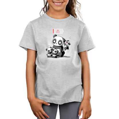 Premium Cotton T-shirt_TeeTurtle Running on Empty silver gray t-shirt featuring a cartoon of a parent panda with two cubs fighting in front of the parent and one cub hanging from the parent's ear with a low battery icon overhead.