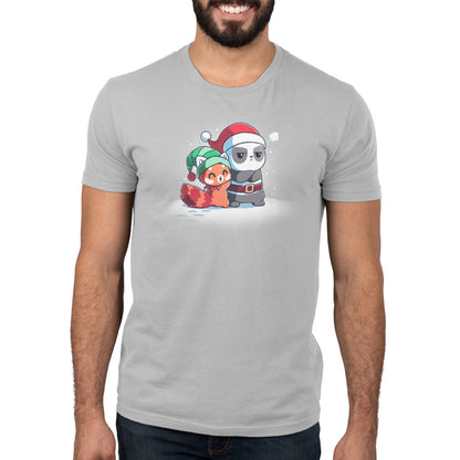 Premium Cotton T-shirt_Teeturtle Santa Hug silver gray t-shirt featuring a red panda wearing a green elf hat, hugging a grumpy panda dressed as Santa Claus on a snowy ground.