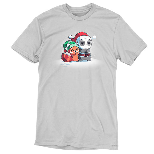 Premium Cotton T-shirt_Teeturtle Santa Hug silver gray t-shirt featuring a red panda wearing a green elf hat, hugging a grumpy panda dressed as Santa Claus on a snowy ground.