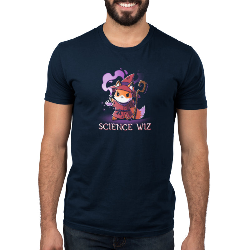 Premium Cotton T-shirt_TeeTurtle Science Wiz navy blue t-shirt featuring fox dressed as a wizard holding a flask of potion.