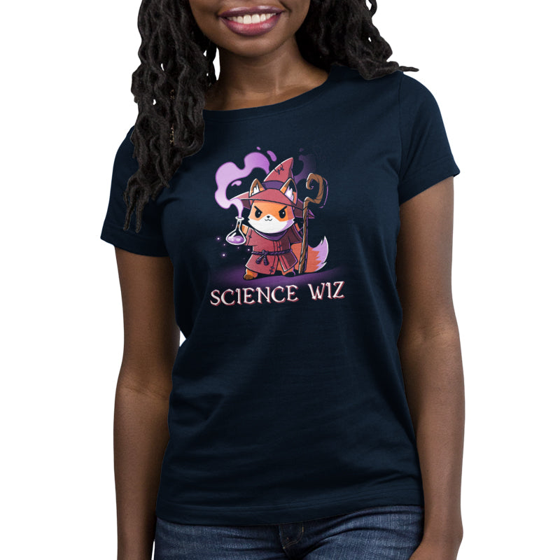 Premium Cotton T-shirt_TeeTurtle Science Wiz navy blue t-shirt featuring fox dressed as a wizard holding a flask of potion.