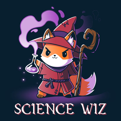 Premium Cotton T-shirt_TeeTurtle Science Wiz navy blue t-shirt featuring fox dressed as a wizard holding a flask of potion.