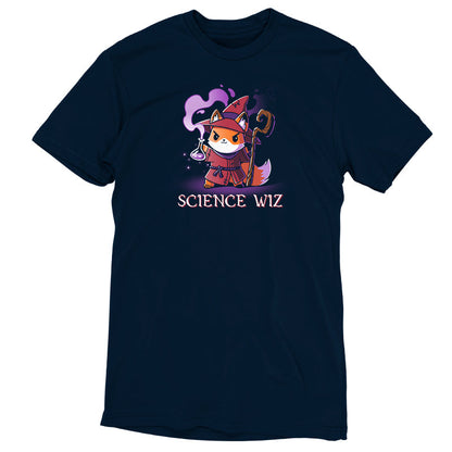 Premium Cotton T-shirt_TeeTurtle Science Wiz navy blue t-shirt featuring fox dressed as a wizard holding a flask of potion.