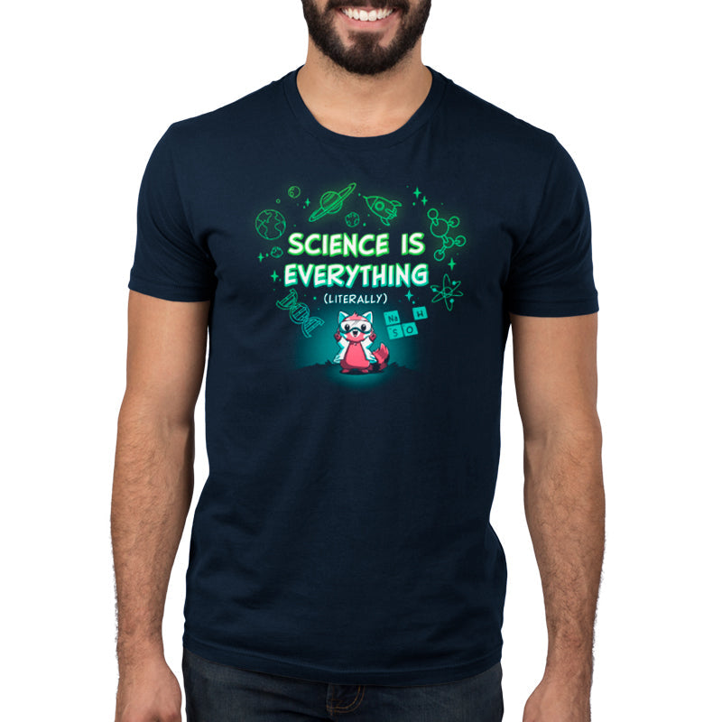 Premium Cotton T-shirt_TeeTurtle Science is Literally Everything navy blue t-shirt featuring a red panda with goggles on surrounded by science things.