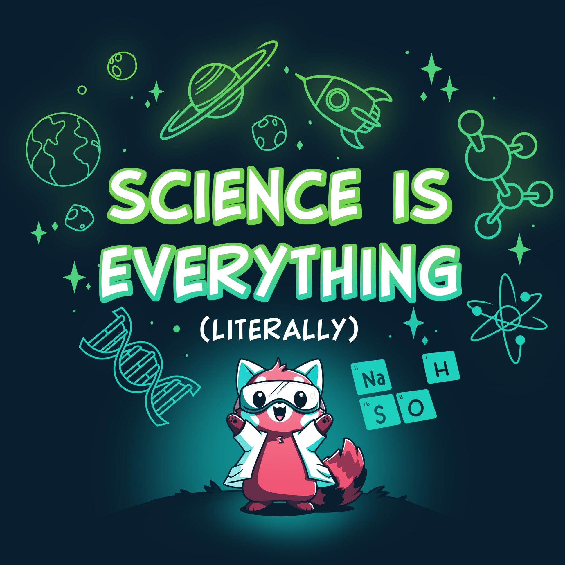 Premium Cotton T-shirt_TeeTurtle Science is Literally Everything navy blue t-shirt featuring a red panda with goggles on surrounded by science things.