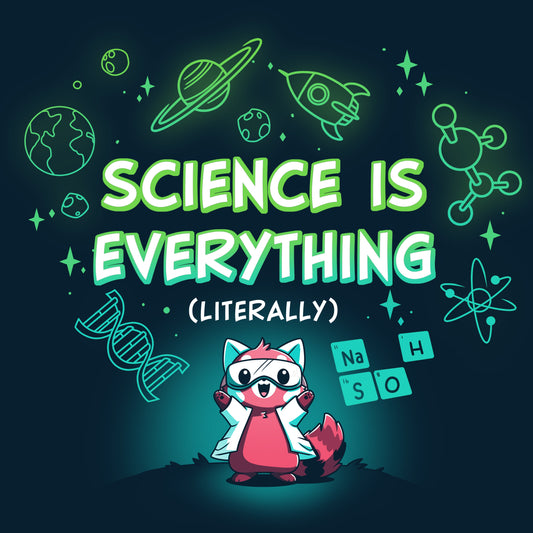 Premium Cotton T-shirt_TeeTurtle Science is Literally Everything navy blue t-shirt featuring a red panda with goggles on surrounded by science things.