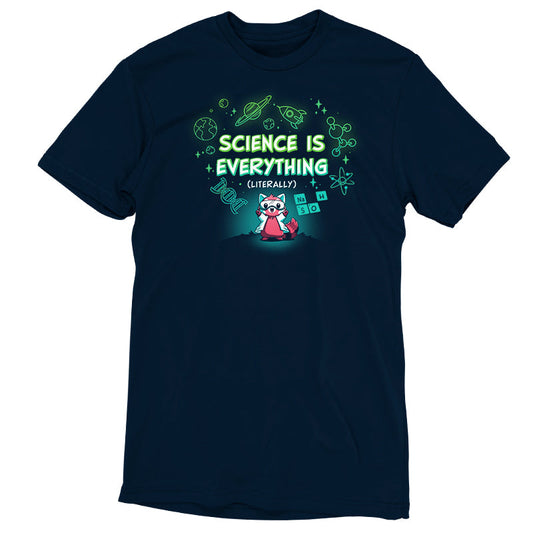 Premium Cotton T-shirt_TeeTurtle Science is Literally Everything navy blue t-shirt featuring a red panda with goggles on surrounded by science things.