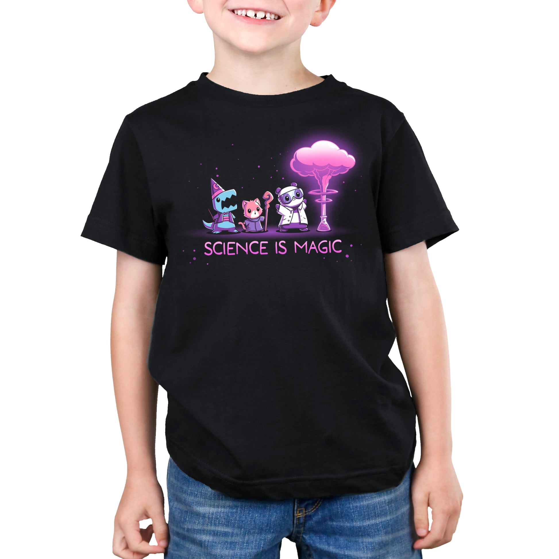 Premium Cotton T-shirt_TeeTurtle Science is Magic black t-shirt featuring a shark in a wizard costume, a red panda with a magic staff, and a panda in a lab coat who observe purple smoke emerging from a flask next to them. Text below reads "Science is Magic". 