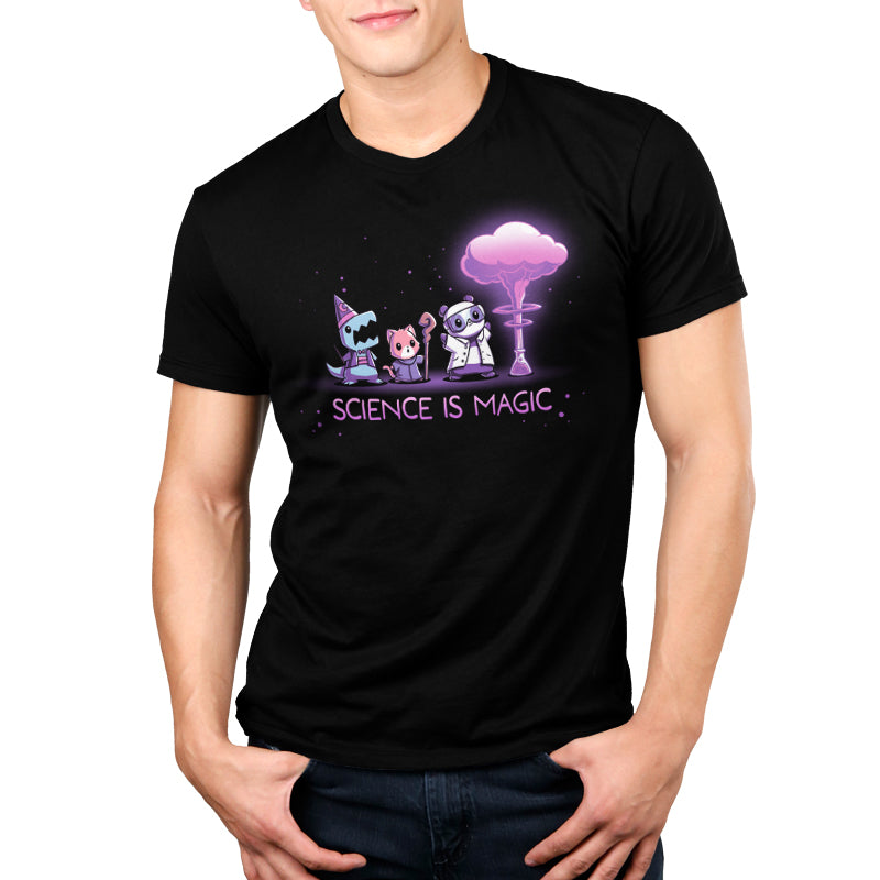 Premium Cotton T-shirt_TeeTurtle Science is Magic black t-shirt featuring a shark in a wizard costume, a red panda with a magic staff, and a panda in a lab coat who observe purple smoke emerging from a flask next to them. Text below reads "Science is Magic". 